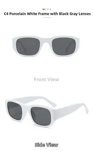 Front and side views of white plastic square sunglasses with dark grey lenses