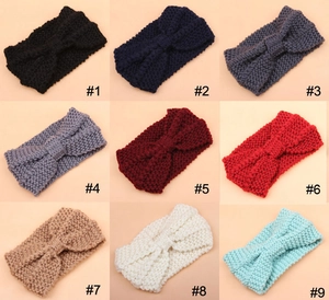 Nine-color set of knitted bow headbands for women featuring chunky wool crochet textures