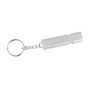 Close-up of silver flat aluminum dual-tube survival whistle with a metal keyring