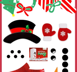 DIY Christmas snowman fridge magnet set with scarf and hat pieces on a white background