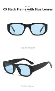 Detail view of square black plastic sunglasses with light blue lenses showing model C5