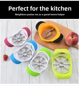 Detail of stainless steel apple slicer blades and colorful ergonomic plastic handles