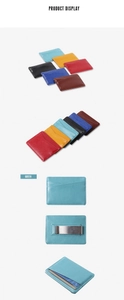 Detail of slim PU leather card holders with metal money clip in various colors