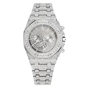 Men's hip hop full iced-out silver quartz watch with octagonal bezel and diamond-set strap