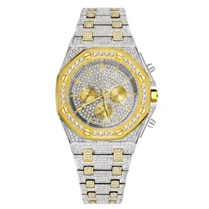 Luxurious iced-out men's watch with octagonal bezel and diamond-encrusted silver-gold band