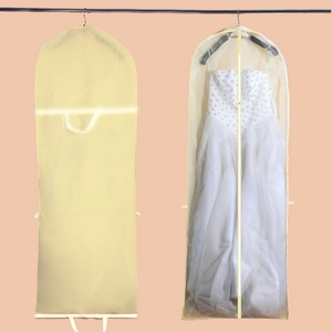 Beige non-woven wedding dress cover and garment storage bag with handles for portability