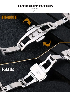 Detail of silver stainless steel butterfly clasp with front and back views for watch band