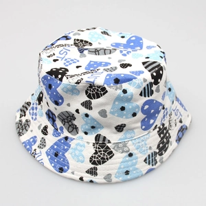 Top view of floral sun hat featuring blue heart patterns and JUST FOR YOU print fabric