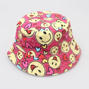 Top view of rose red children's bucket hat with colorful smile and heart prints