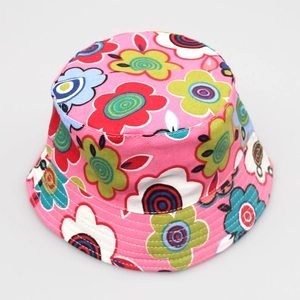 Detailed top view of pink kids bucket hat with vibrant colorful floral print patterns