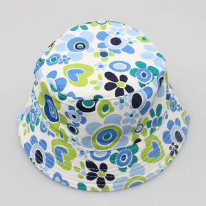 Kids colorful floral sun bucket hat featuring a vibrant geometric pattern and wide brim