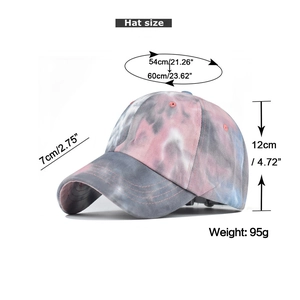 Size chart showing 54-60cm circumference and 7cm brim for tie-dye cotton sun hat