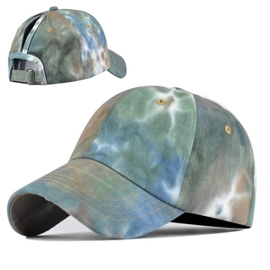Detail of tie-dye ponytail baseball cap with cross elastic bands and metal buckle