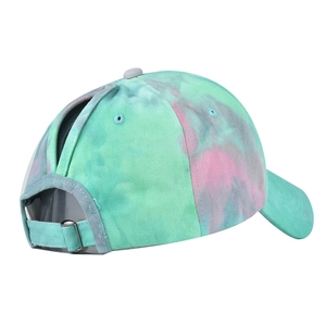 Detail view of tie-dye cotton visor with high ponytail hole and adjustable metal buckle strap