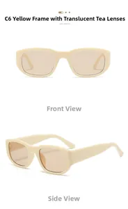 Front and side view of beige rectangular sunglasses with translucent tea lenses