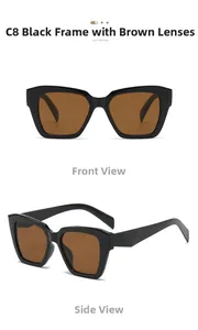 Détail des lunettes de soleil carrées noires brillantes avec verres ambrés sous deux angles