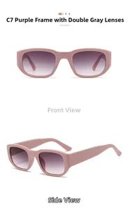 Detailed front and side view of purple rectangle sunglasses with grey gradient lenses