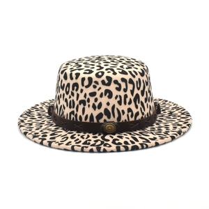 Leopard print flat top wool fedora hat with brown leather band and gold buckle detail