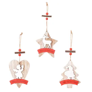 Three-piece set of wooden Christmas ornaments featuring heart, star, and tree shapes