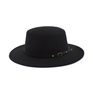 Flat Top Wide Brim Wool Felt Boater Hat With Leather Band Metal Buckle Vintage Jazz Fedora For Women Men