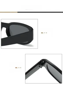 Detail of glossy black square sunglasses frame with sturdy metal hinges and wide temples