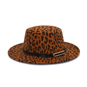 Leopard Print Flat Top Fedora Hat Vintage Woolen Felt Wide Brim Boater Hat With Metal Buckle Decoration For Men Women Travel