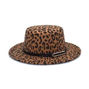 Flat top leopard print wool fedora hat with a black leather belt and metal buckle