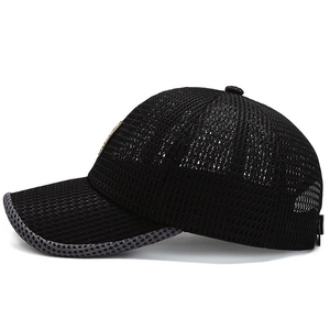 Breathable black mesh baseball cap with gray trim for summer outdoor sun protection