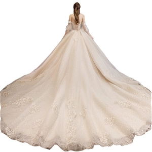 Elegant champagne off-shoulder wedding dress with intricate floral lace and long train