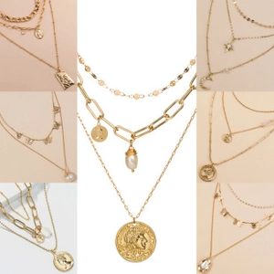 Detailed view of multilayer gold alloy necklace set featuring pearls and coin pendants
