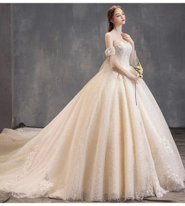 Detail of champagne wedding dress with floral lace, sequins and elegant off-shoulder sleeves