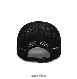 Detail view of the breathable black mesh back and adjustable strap on the outdoor sun hat