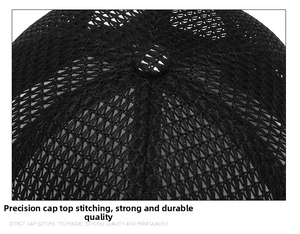 Close-up of top button and six-panel breathable mesh stitching on black baseball cap