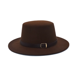 Detail of dark brown wool fedora hat featuring a thin black leather band with golden buckle