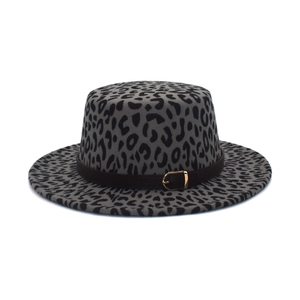 Flat top leopard print wool fedora hat with a leather band and gold metal buckle