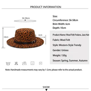 Classic leopard print wool fedora hat with a black leather band and size chart detail