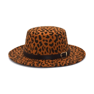 Vintage Leopard Print Flat Top Boater Hat Woolen Felt Wide Brim Fedora With Leather Band Metal Buckle For Men Women