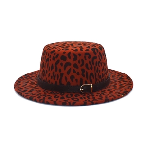 Flat top leopard print wool fedora with black leather band and gold buckle detail