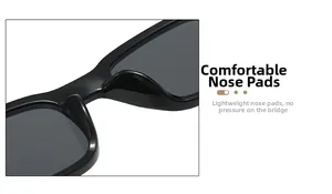 Detail view of the comfortable integrated nose pads on black square plastic sunglasses