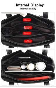 Detail view of large capacity black tote bag with multi-layer zipper pockets and soft texture