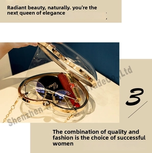 Detailed view of clear acrylic heart-shaped evening bag with gold metal trim and chain