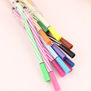 Washable watercolor pens in creative striped design stored in a clear cylindrical case