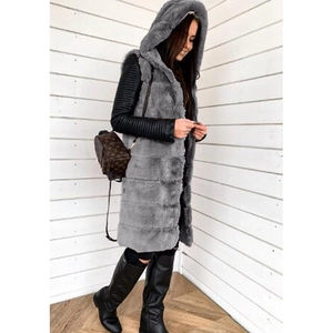 Women's long hooded faux fur vest in grey with black pleated faux leather sleeves