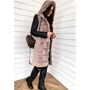 Women's long hooded faux fur vest in dusty pink, mid-length casual sleeveless warm coat