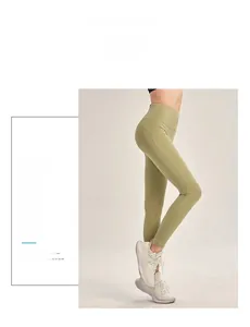 Nahaufnahme der olivgrünen Yoga-Leggings mit hoher Taille und ergonomischen Nähten
