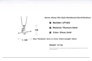 Detailed view of the 2x3.5cm skateboard truck pendant with 60cm titanium steel chain