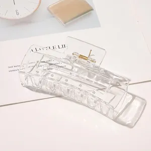 Detailed view of a large clear acrylic hair claw clip with golden metal spring on a magazine