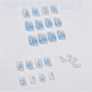 Blue marble press-on nails with gold foil and pearls in a square-oval shape set