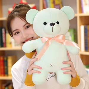 Soft light green plush teddy bear with a pink ribbon bow held by a model in a library