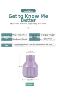 Detailed size parameters of purple striped ceramic vase showing 11.8cm height dimension